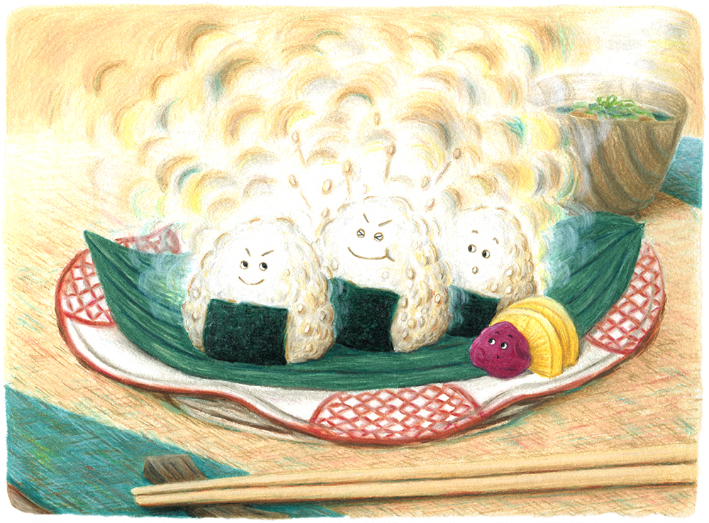 おにぎり　おむすび　擬人化　食べ物　和食　日本料理　絵本　児童書　幼児　優しい　かわいい　柔らかい　元気　手描き　色鉛筆　油性色鉛筆　パステル　イラスト